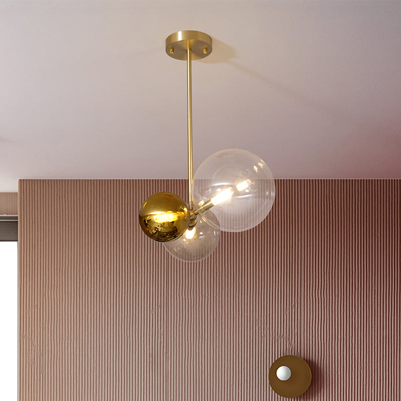 Clear Glass Sphere Hanging Chandelier Modernist 3 Heads Gold Ceiling Pendant Light