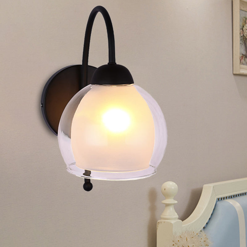 Modern Round Wall Lighting Frosted Glass 1 Head Sconce Light Fixture in Black with Metal Curvy Arm
