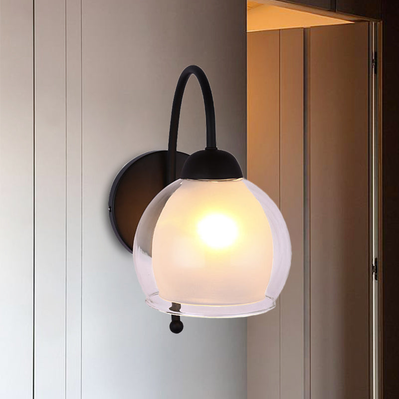 Modern Round Wall Lighting Frosted Glass 1 Head Sconce Light Fixture in Black with Metal Curvy Arm