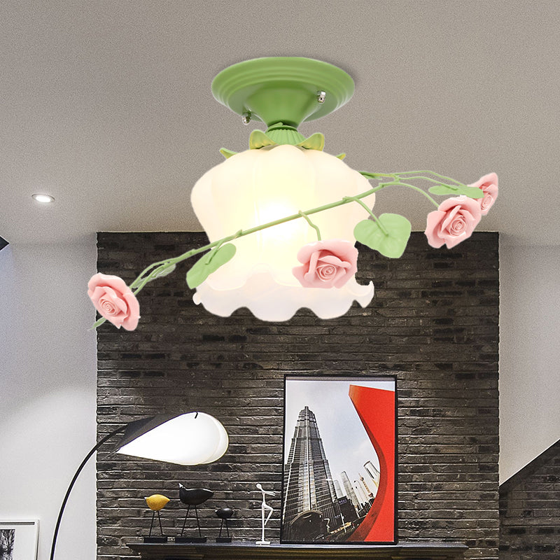 1 Bulb Scalloped Ceiling Flush Mount Traditional White/Green Satin Opal Glass Semi Mount Lighting