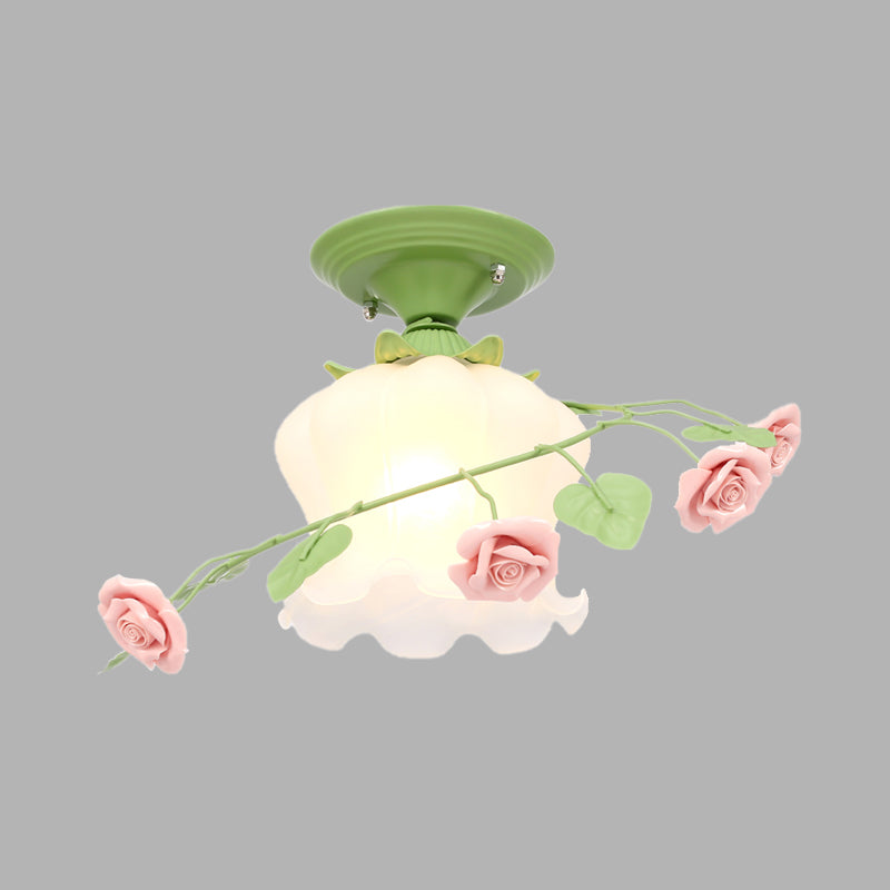 1 Bulb Scalloped Ceiling Flush Mount Traditional White/Green Satin Opal Glass Semi Mount Lighting
