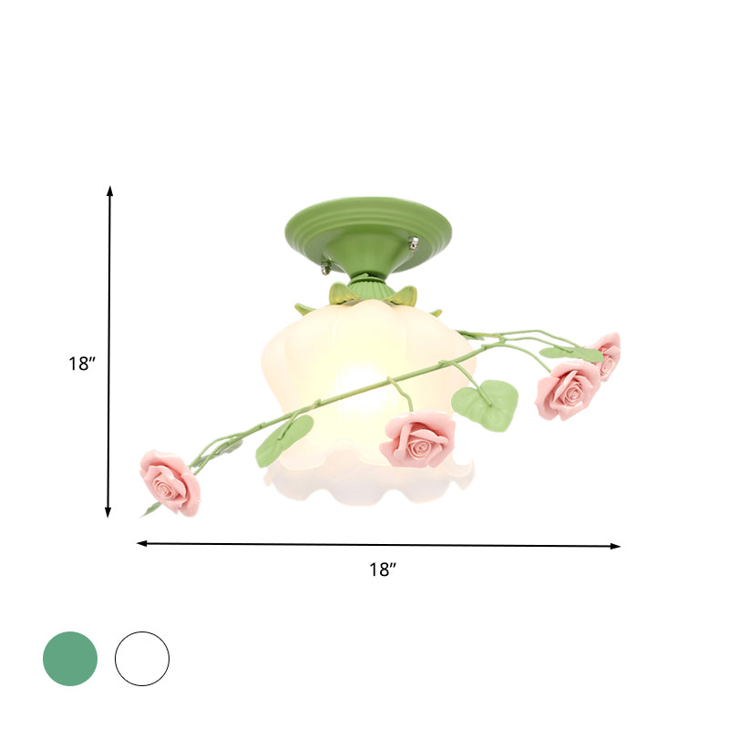 1 Bulb Scalloped Ceiling Flush Mount Traditional White/Green Satin Opal Glass Semi Mount Lighting