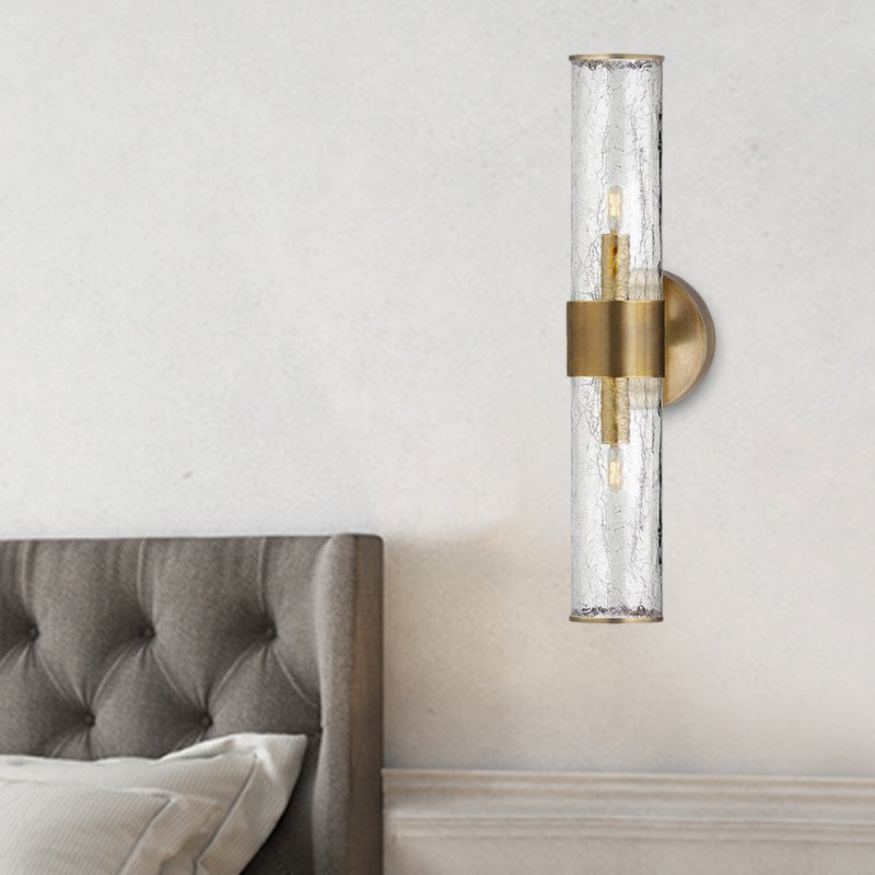 2 Bulbs Cylindrical Sconce Light Contemporary Crackle Glass Wall Mounted Lighting in Brass