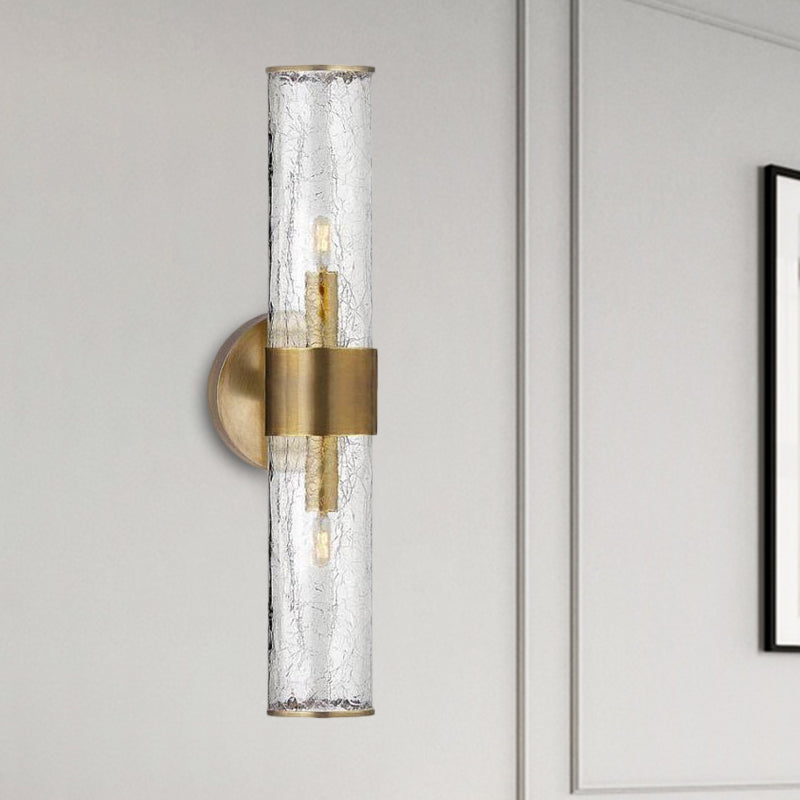 2 Bulbs Cylindrical Sconce Light Contemporary Crackle Glass Wall Mounted Lighting in Brass