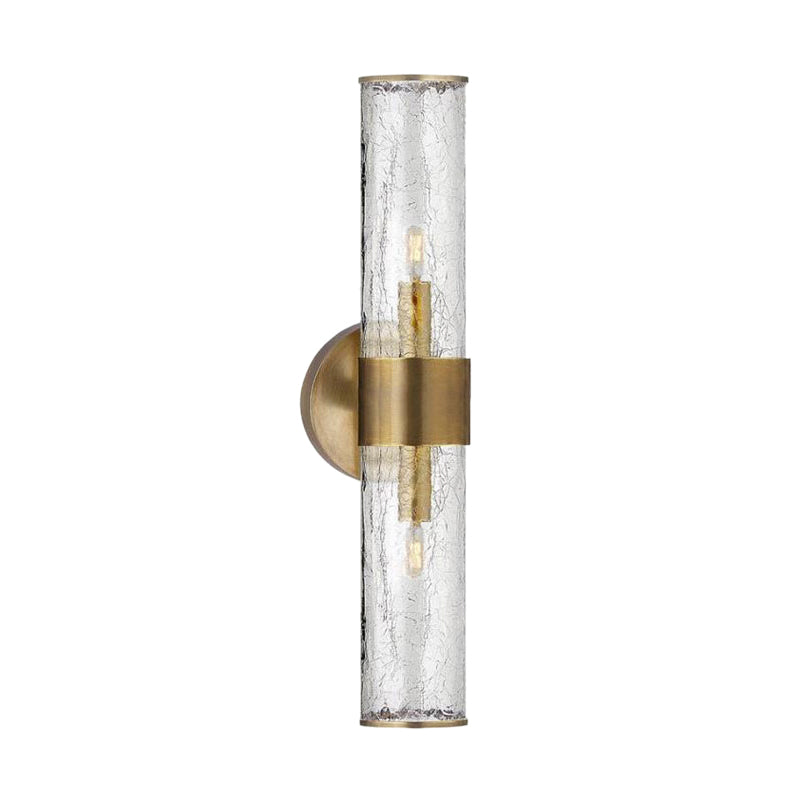 2 Bulbs Cylindrical Sconce Light Contemporary Crackle Glass Wall Mounted Lighting in Brass