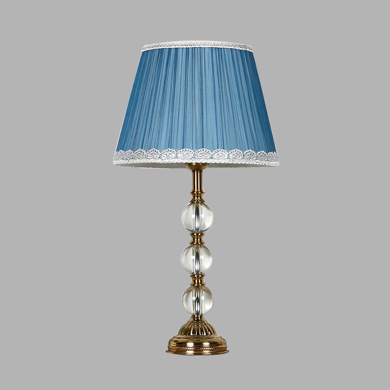 Lampe de table de nuit à abat-jour plissé classique, 1 lampe de chevet en tissu bleu pour chambre à coucher avec décoration en cristal