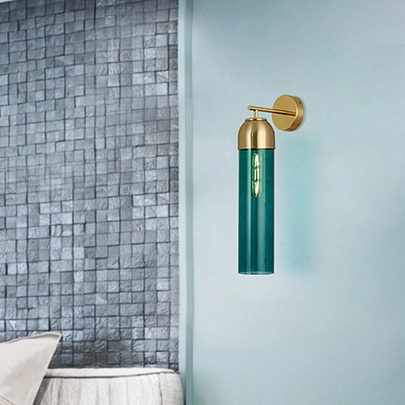 Crema de apliques tubular modernista/vidrio verde 1 cabezal accesorio de iluminación de pared de sala de estar con brazo de metal
