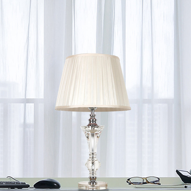 Single Head Table Light Countryside Conical Fabric Night Lamp in Pink/Blue/Beige with Clear Crystal Base