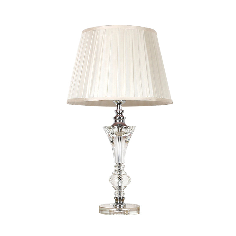 Single Head Table Light Countryside Conical Fabric Night Lamp in Pink/Blue/Beige with Clear Crystal Base