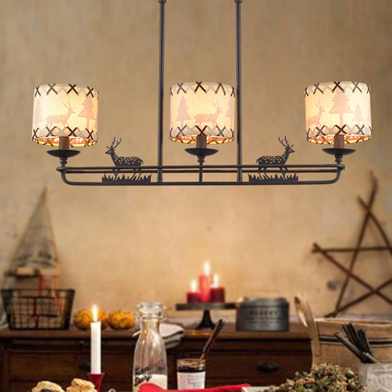 3 Lights Dining Room Island Lighting Traditional Black Hanging Lamp with Barrel Fabric Shade