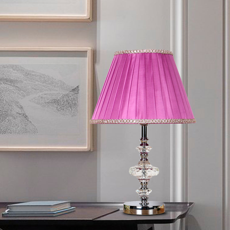 Conical Fabric Night Table Light Lodge Single Bulb Bedroom Nightstand Lamp in Purple with Crystal Accent
