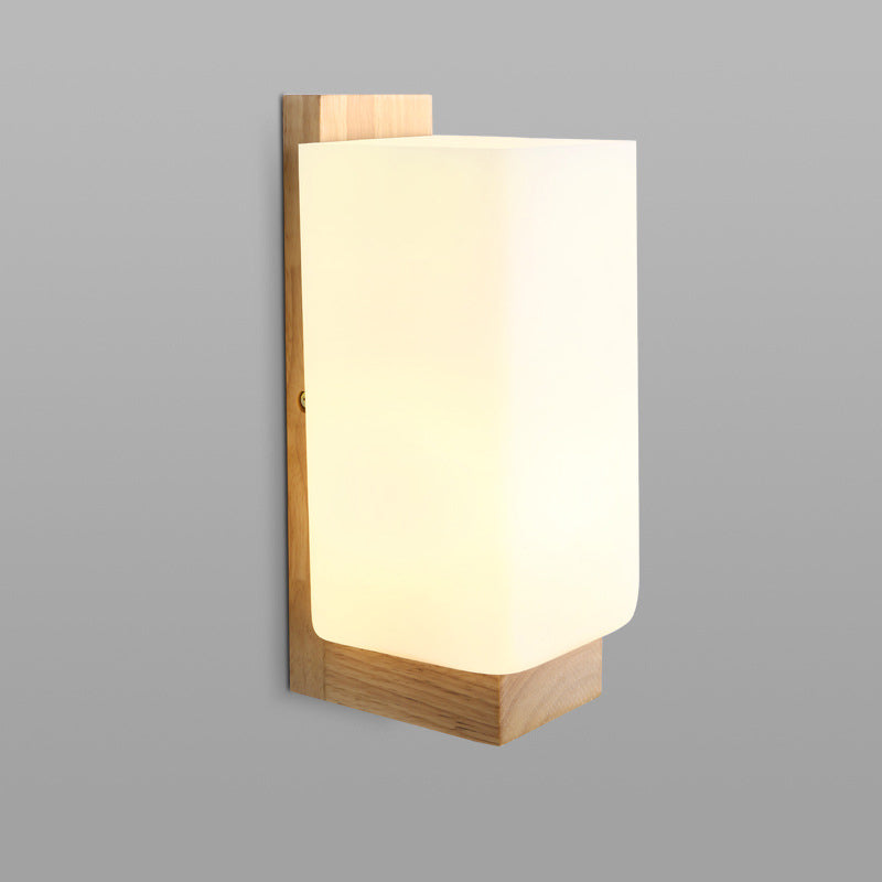 1 Head Stairway Wall Lamp Japanese Wood Sconce Light Fixture with Rectangular Milk Glass Shade
