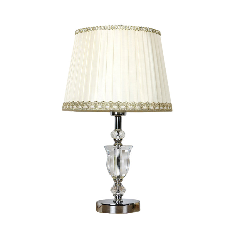 White Drum Table Light Simple Fabric Single Head Bedroom Nightstand Lamp with Crystal Accent