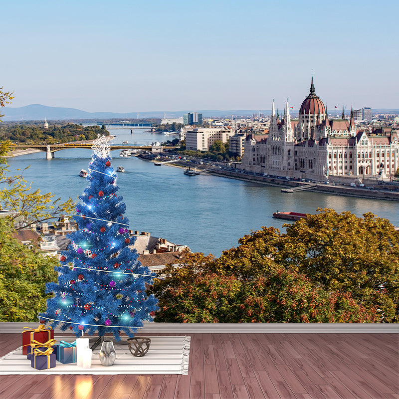 Waterproof River and City Mural Modern Mildew Resistant Wall Covering Bathroom Floor Murals