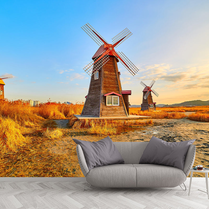 Photography Modern Mural Wallpaper with Windmill Landscape for Decoration