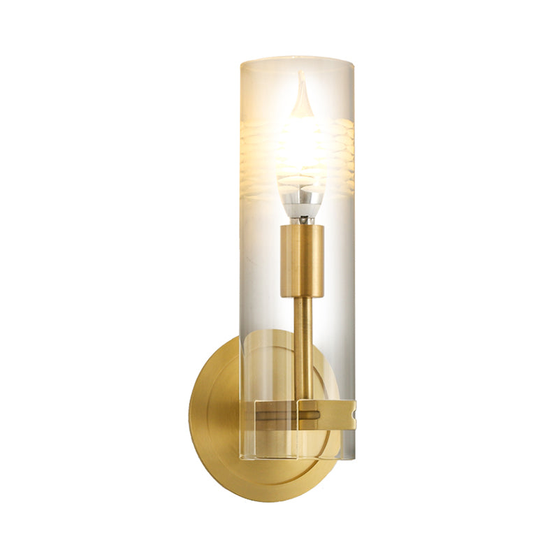 Modernism 1 Head Sconce Light Brass Cylindrical Wall Mounted Lighting with Clear Glass Shade