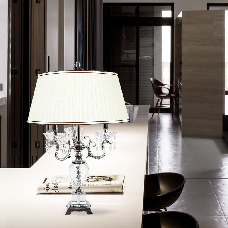 4 Lights Nightstand Lamp Countryside Swooping Arm Clear Crystal Table Light in White