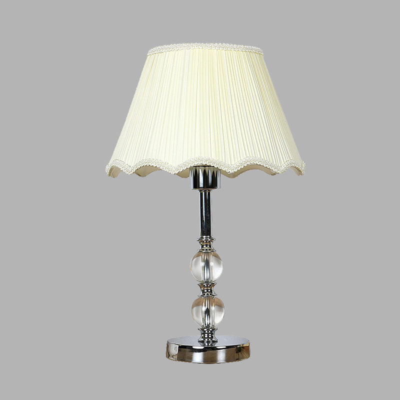 White Scalloped Night Lamp Traditional Fabric Single Head Bedroom Table Light with Crystal Ball Accent