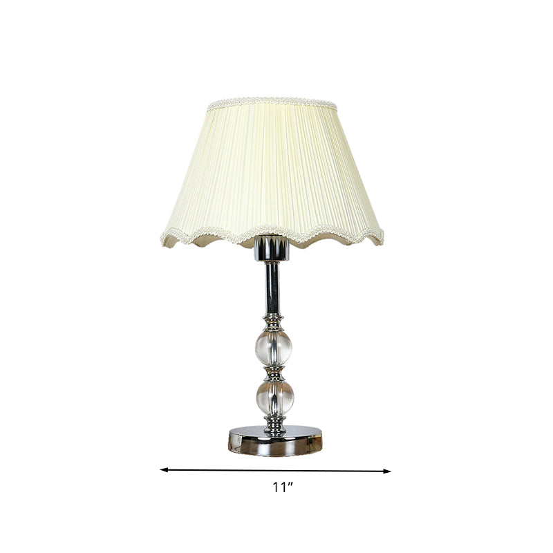 White Scalloped Night Lamp Traditional Fabric Single Head Bedroom Table Light with Crystal Ball Accent