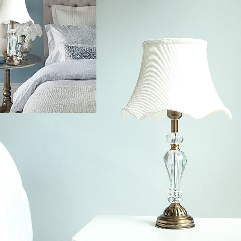 Fabric White Night Table Lamp Scalloped Singe Bulb Simple Nightstand Light with Crystal Accent