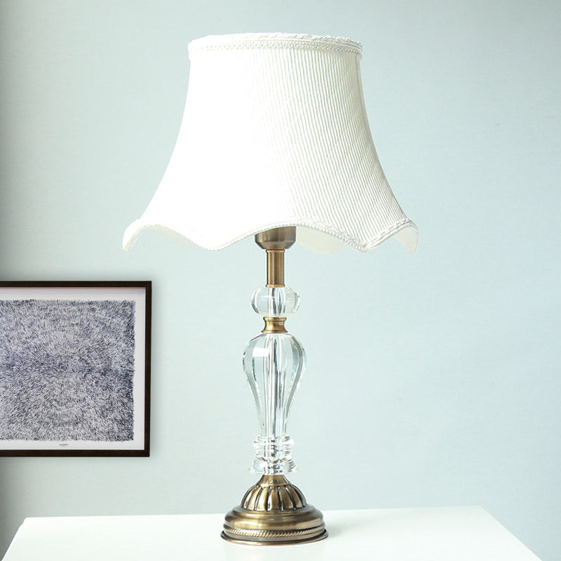Fabric White Night Table Lamp Scalloped Singe Bulb Simple Nightstand Light with Crystal Accent