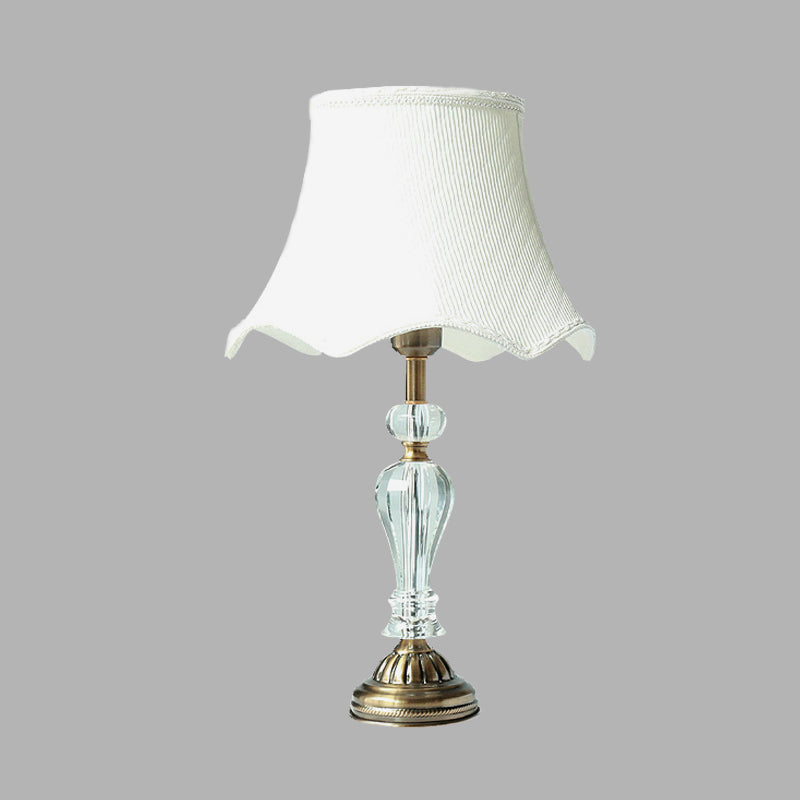 Fabric White Night Table Lamp Scalloped Singe Bulb Simple Nightstand Light with Crystal Accent