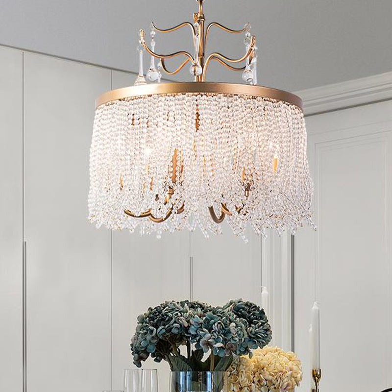 Crystal Beaded Ceiling Chandelier Countryside 6/8 Lights Living Room Suspension Pendant Light in Gold