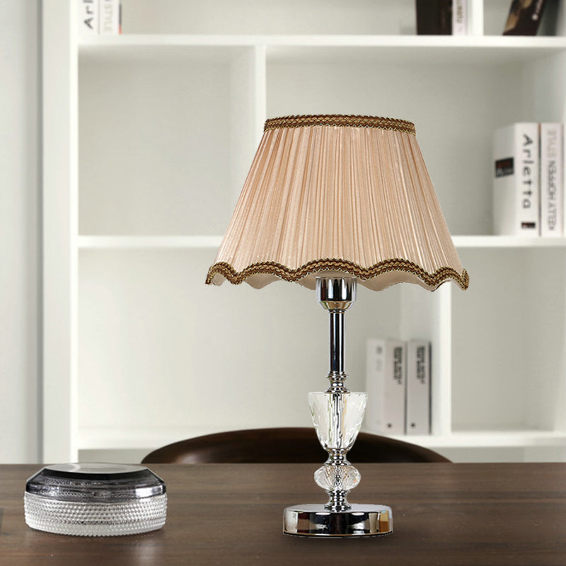 1 Light Scalloped Nightstand Light Countryside Beige Fabric Table Lamp with Crystal Accent