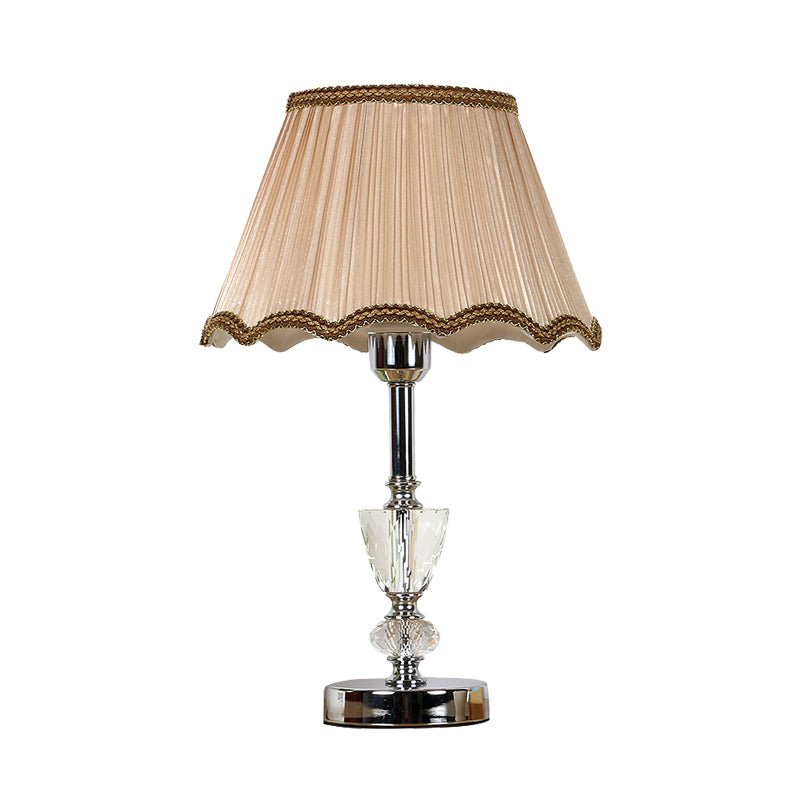1 Light Scalloped Nightstand Light Countryside Beige Fabric Table Lamp with Crystal Accent