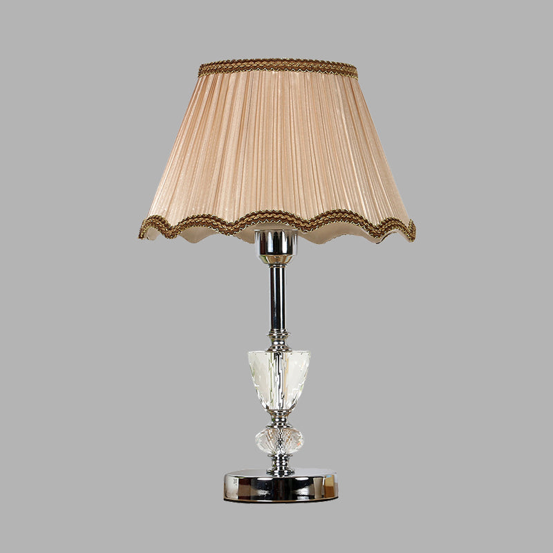1 Light Scalloped Nightstand Light Countryside Beige Fabric Table Lamp with Crystal Accent