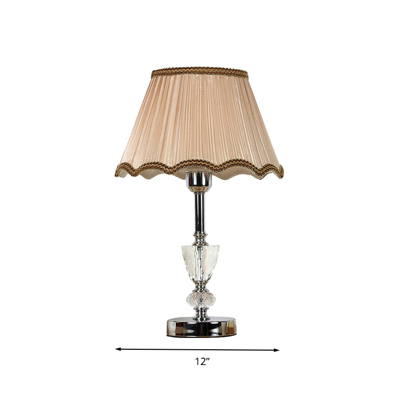 1 Light Scalloped Nightstand Light Countryside Beige Fabric Table Lamp with Crystal Accent