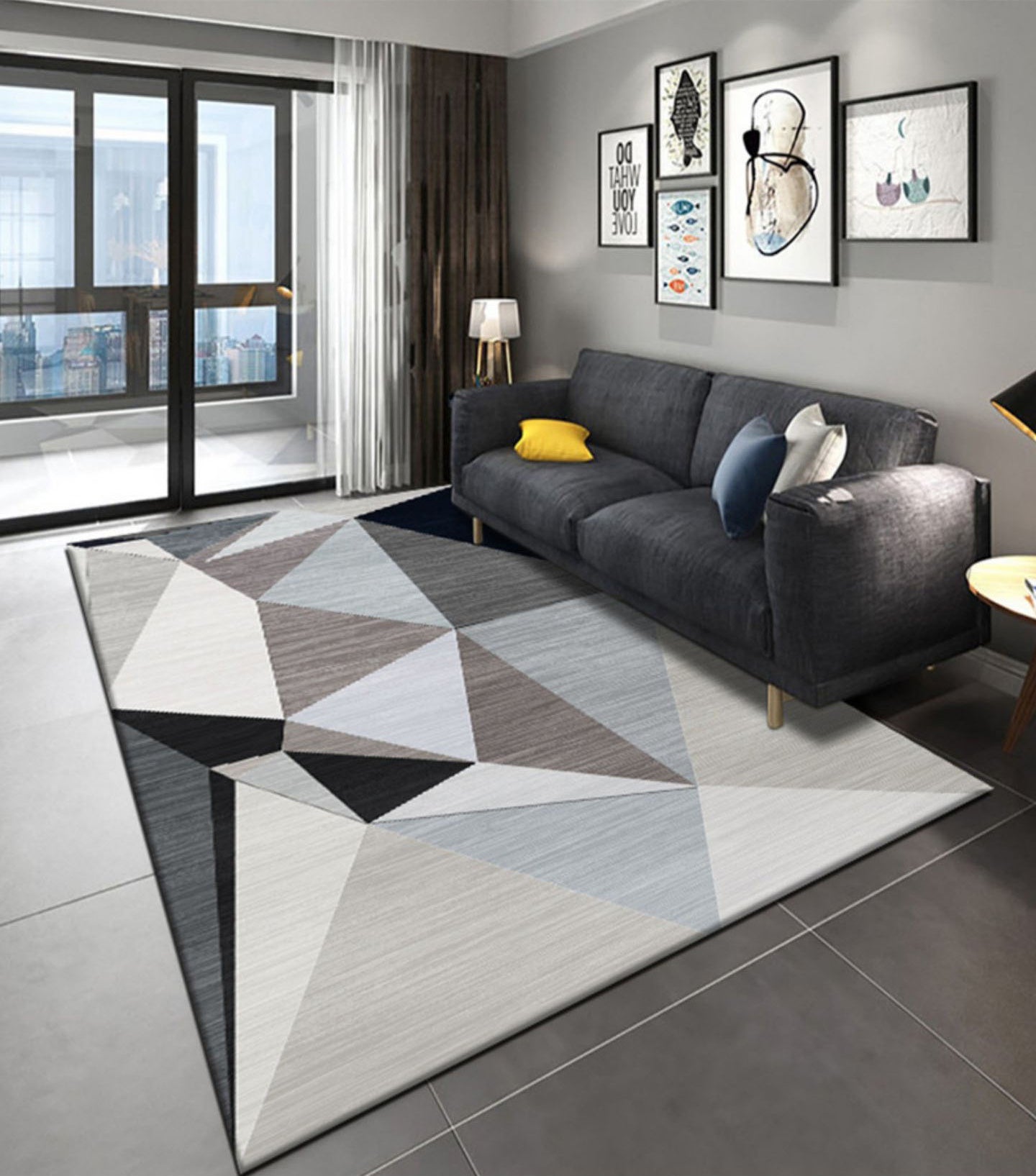 Grey Tone Nordic Rug Polyester Carpet Geometry Indoor Rug Non-Slip Backing for Home Decoration