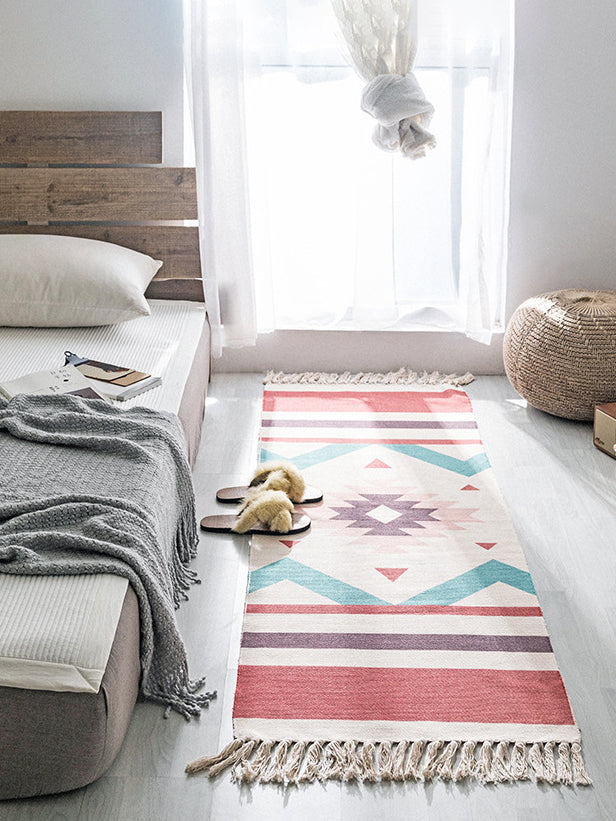 Multi-Color Americana Rug Victorian Cotton Blend Rug Washable Carpet with Fringe for Bedroom
