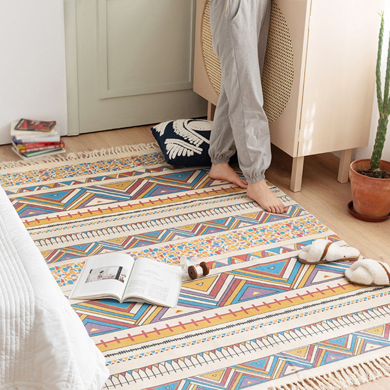 Multicolored Boho-Chic Rug Classic Cotton Blend Rug Washable Carpet with Fringe for Living Room