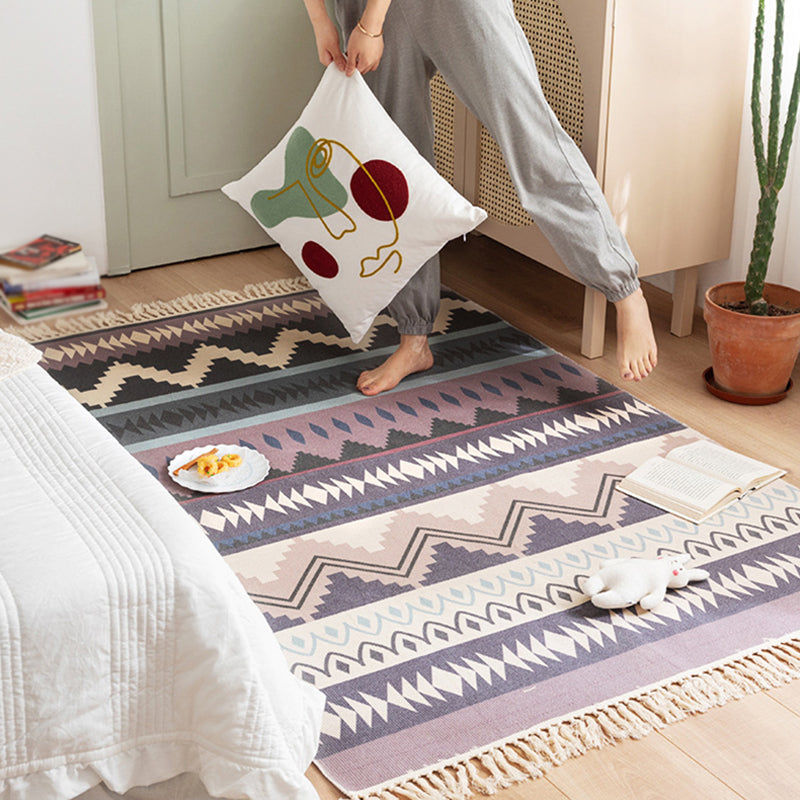 Multicolored Boho-Chic Rug Classic Cotton Blend Rug Washable Carpet with Fringe for Living Room