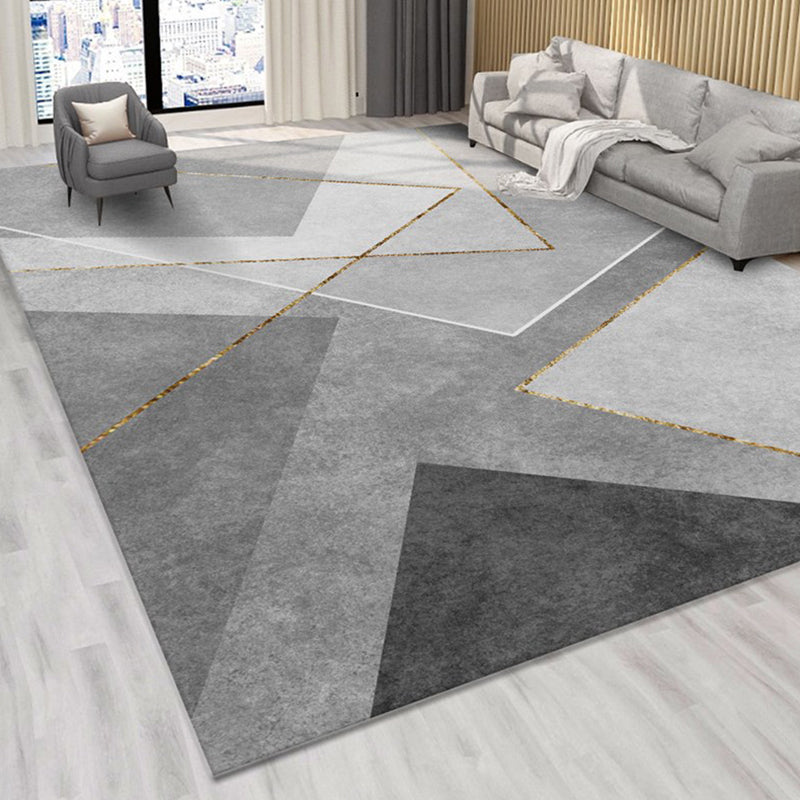 Grey Tone Geometric Lines Rug Polyester Carpet Relaxing Anti-Slip Backing Indoor Rug for Living Room