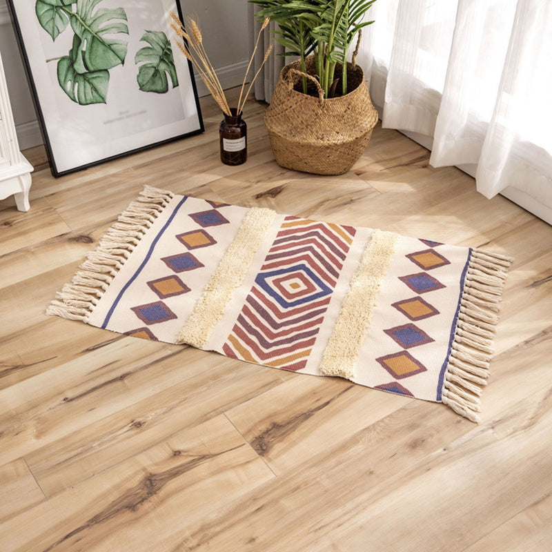 Simplicity Americana Indoor Rug Diamond Pattern Carpet with Fringe Cotton Blend Rug for Home Decor