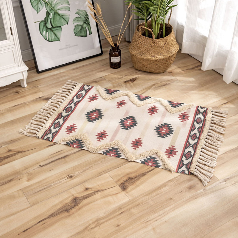 Simplicity Americana Indoor Rug Diamond Pattern Carpet with Fringe Cotton Blend Rug for Home Decor