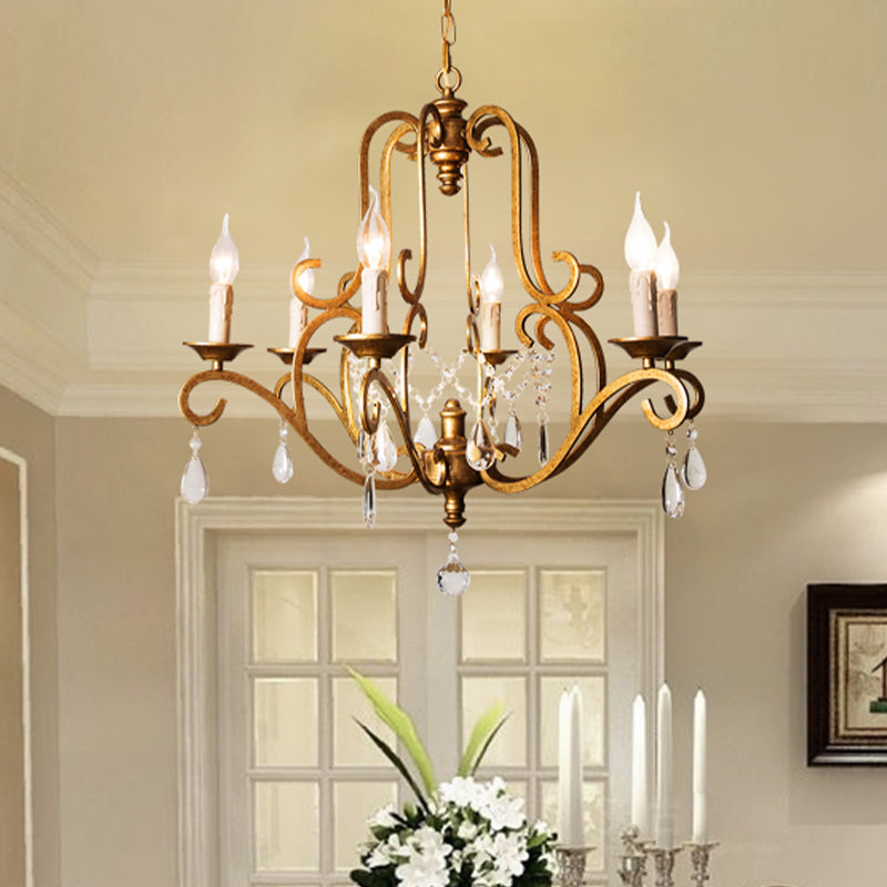 Traditional Candle-Style Chandelier Light 6 Lights Crystal Hanging Lamp Kit in Brass for Kitchen