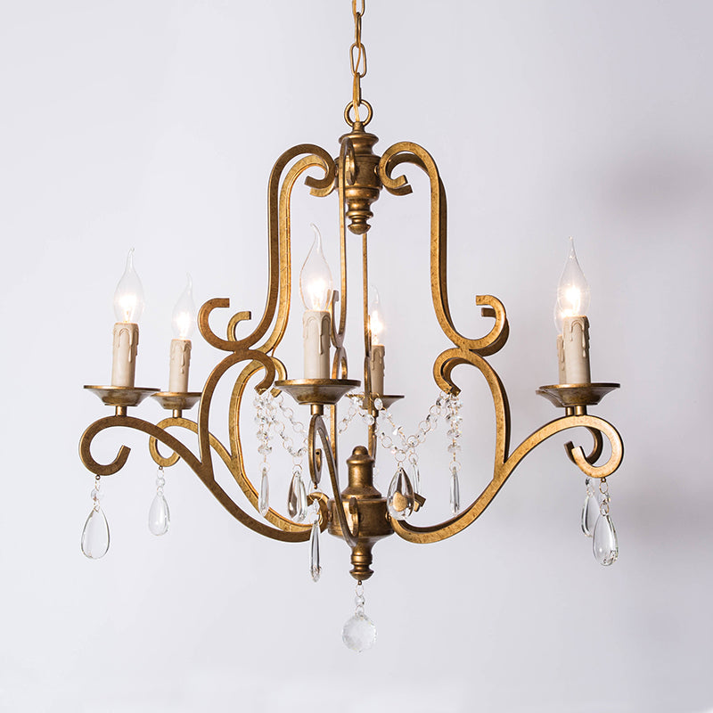 Traditional Candle-Style Chandelier Light 6 Lights Crystal Hanging Lamp Kit in Brass for Kitchen