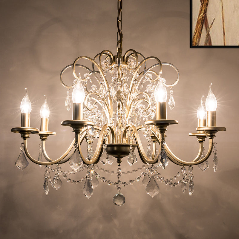 Gold Swooping Arm Chandelier Light Countryside Crystal 3/6/8 Lights Dining Room Ceiling Lamp