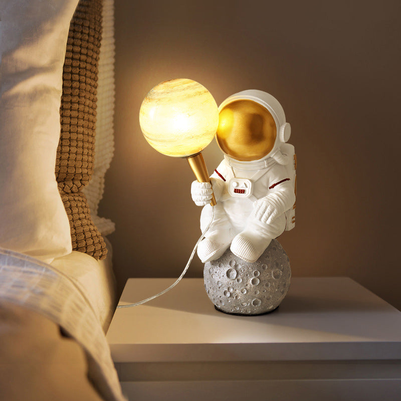 Childrens 1-Light Night Lamp Spaceman and Planet Table Light with Glass Shade