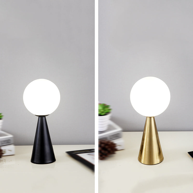 Conical Table Lamp Postmodern 1-Light Metal Night Light with Ball White Glass Shade