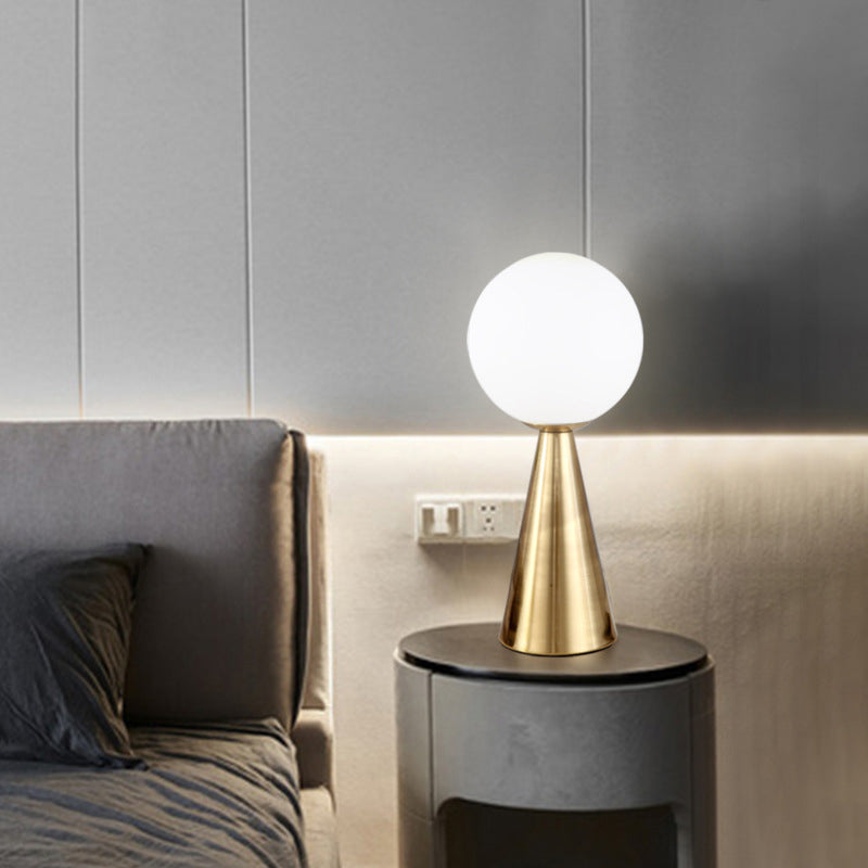 Conical Table Lamp Postmodern 1-Light Metal Night Light with Ball White Glass Shade