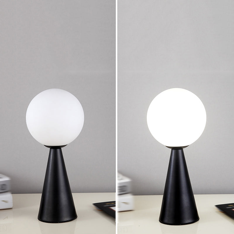 Conical Table Lamp Postmodern 1-Light Metal Night Light with Ball White Glass Shade