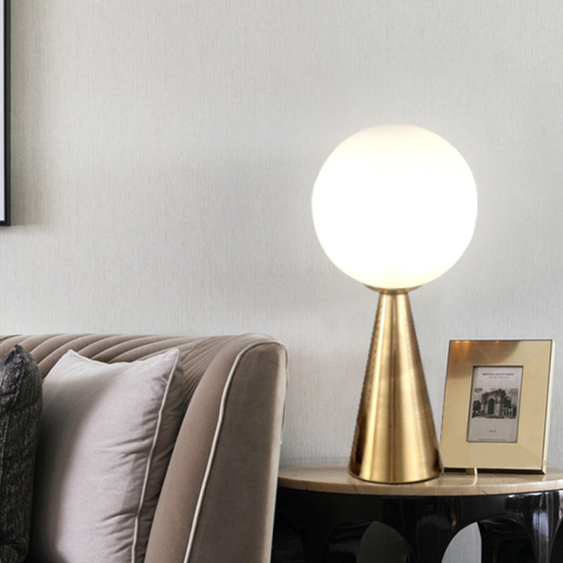 Conical Table Lamp Postmodern 1-Light Metal Night Light with Ball White Glass Shade