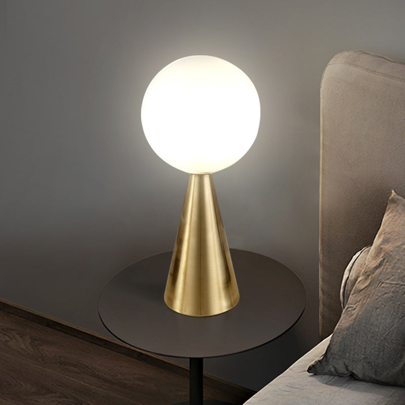 Conical Table Lamp Postmodern 1-Light Metal Night Light with Ball White Glass Shade