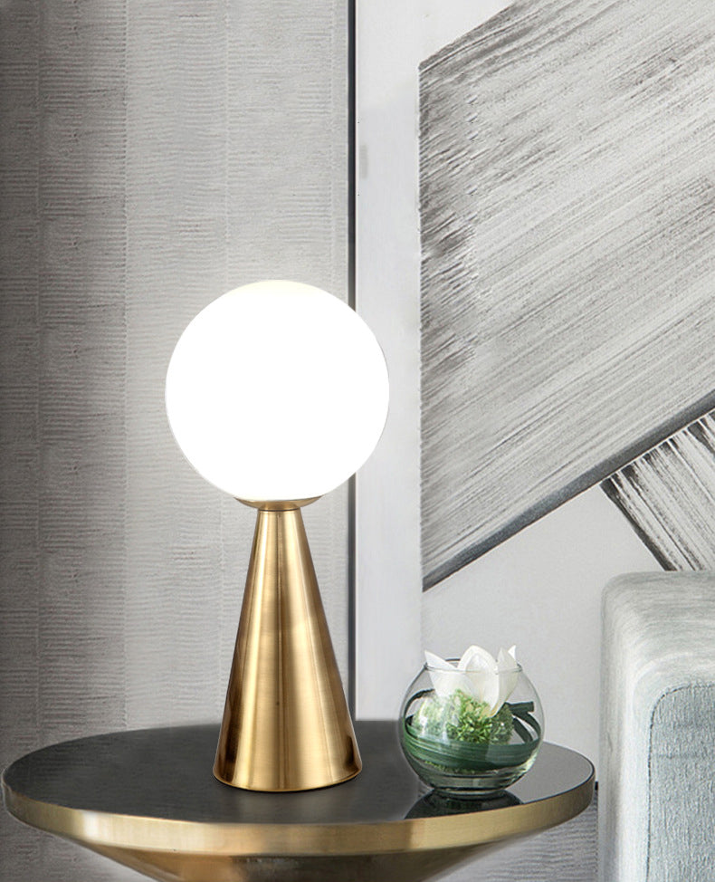 Conical Table Lamp Postmodern 1-Light Metal Night Light with Ball White Glass Shade