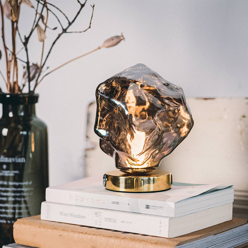 Lámpara de mesa de oro de 1 luces de color nocturna de vidrio en forma de piedra