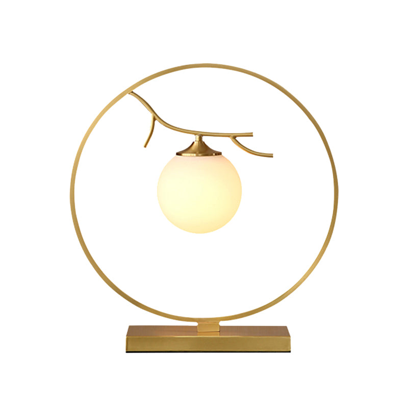 Postmodern Ball Shade Nightstand Lamp Ivory Glass 1-Light Living Room Table Light in Brass
